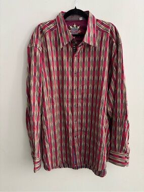 Robert Graham Men's Striped Dress Shirt Maroon Red Cotton Silk Trim 3XL